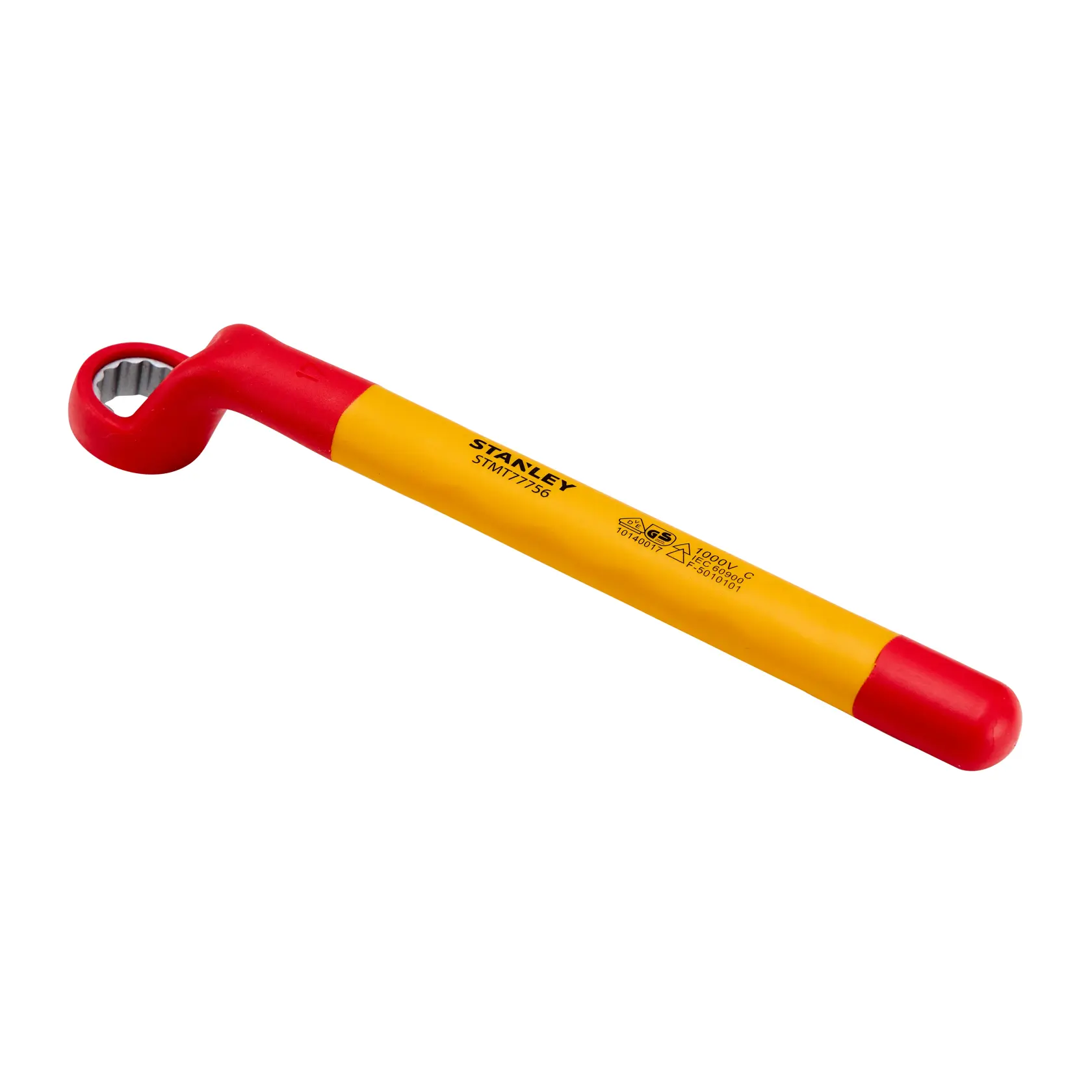 Llave de estrella aislada STANLEY STMT77756-LA, mango amarillo y rojo, fotografía de producto sobre fondo blanco.