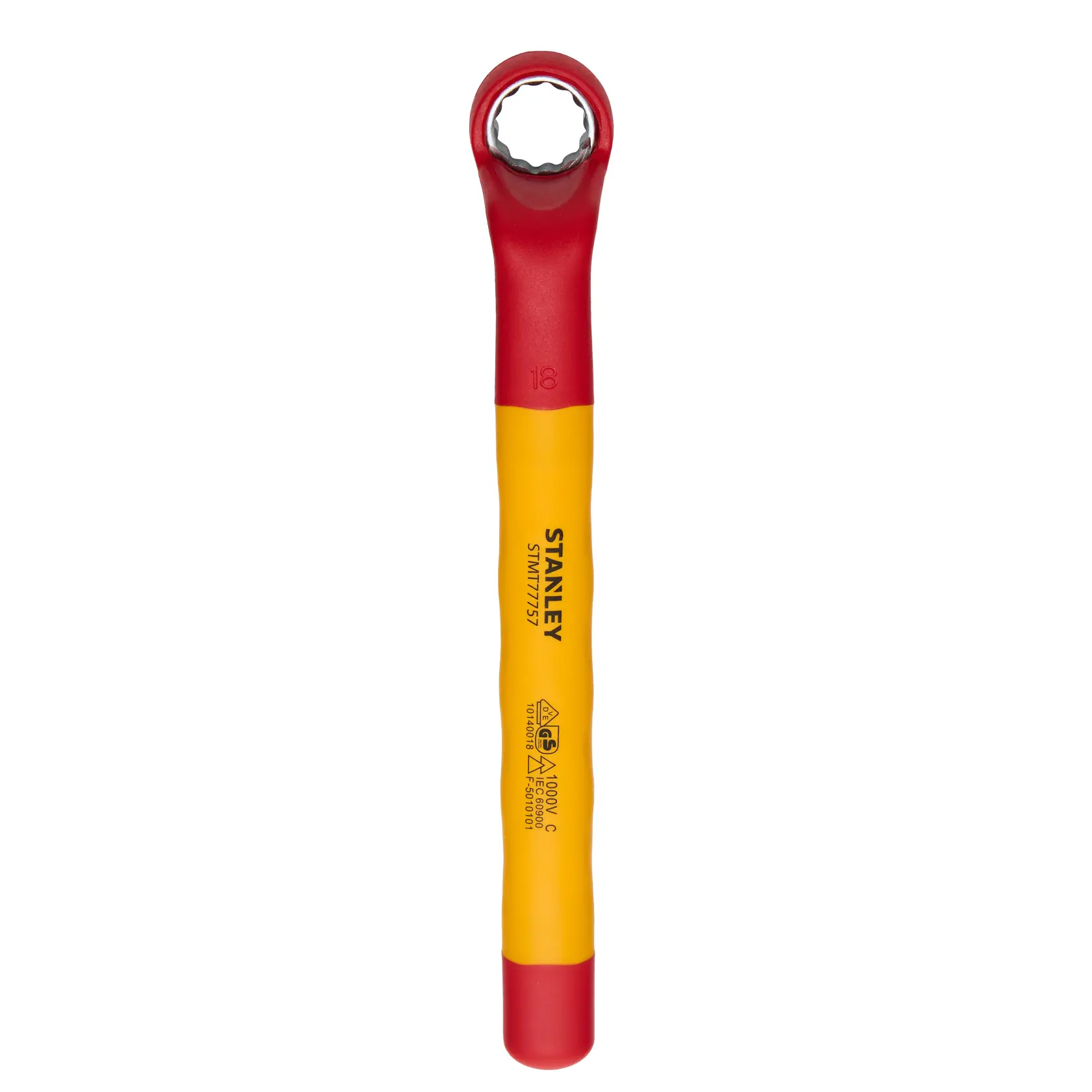Llave de carraca aislada STANLEY STMT77757-LA, amarilla y roja, ángulo recto, sobre fondo blanco.