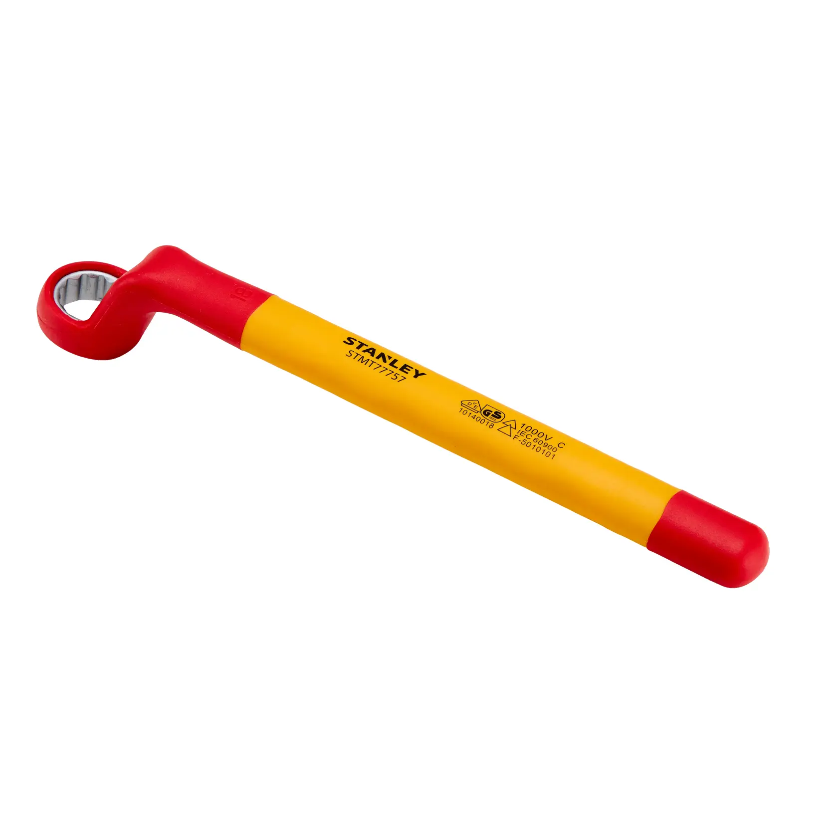 Stanley STMT77757-LA llave de caja aislada, amarilla y roja, fotografía, en ángulo sobre fondo blanco