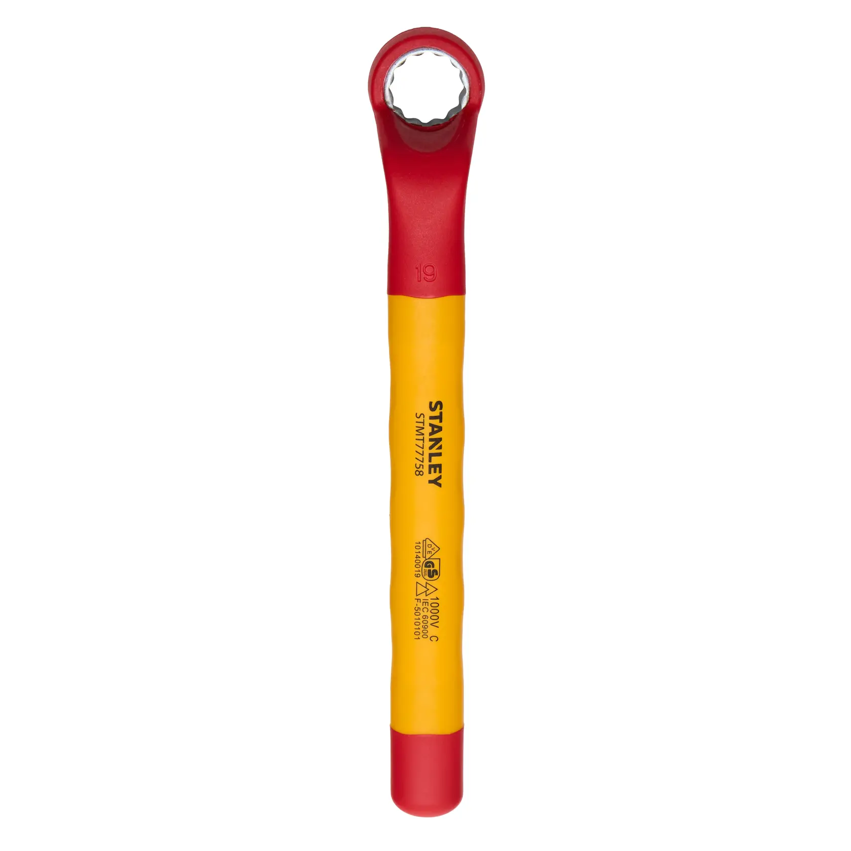 Llave de extremo cerrado aislada Stanley STMT77758-LA, amarilla y roja, vista frontal, herramienta.