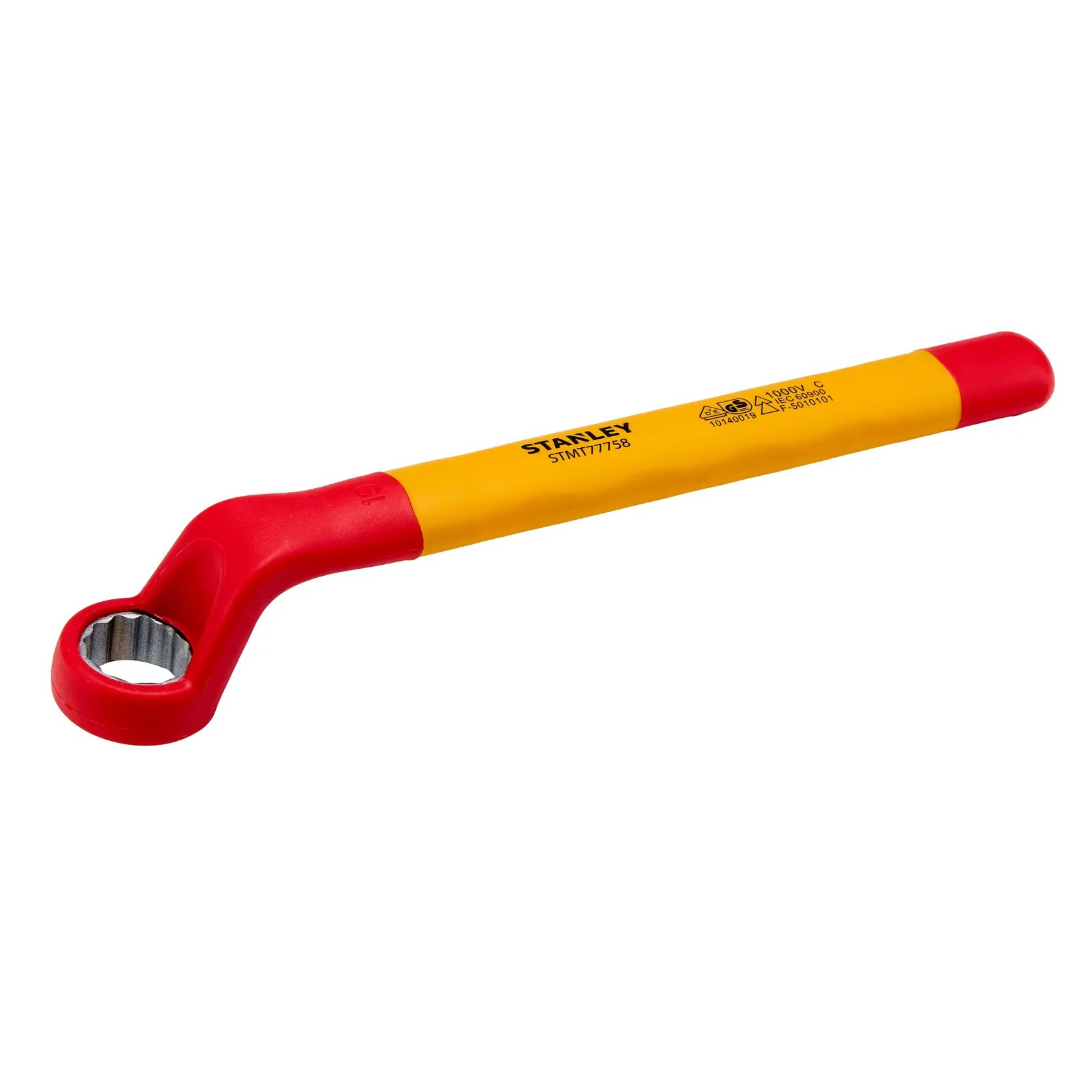 Llave de estrella aislada STANLEY STMT77758-LA con mango amarillo y extremos rojos, diseño angulado, vista lateral.