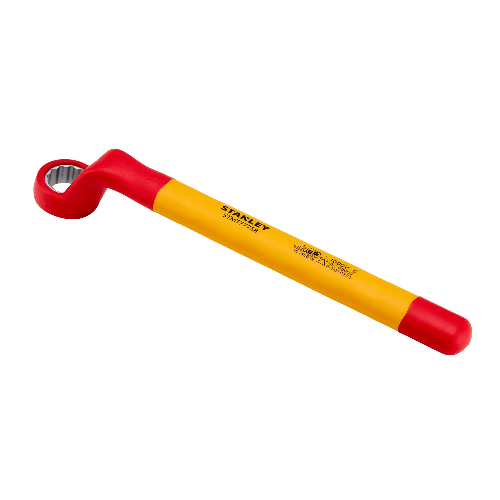 Llave de estrella aislada STANLEY STMT77758-LA, amarilla y roja, foto del producto sobre fondo blanco.