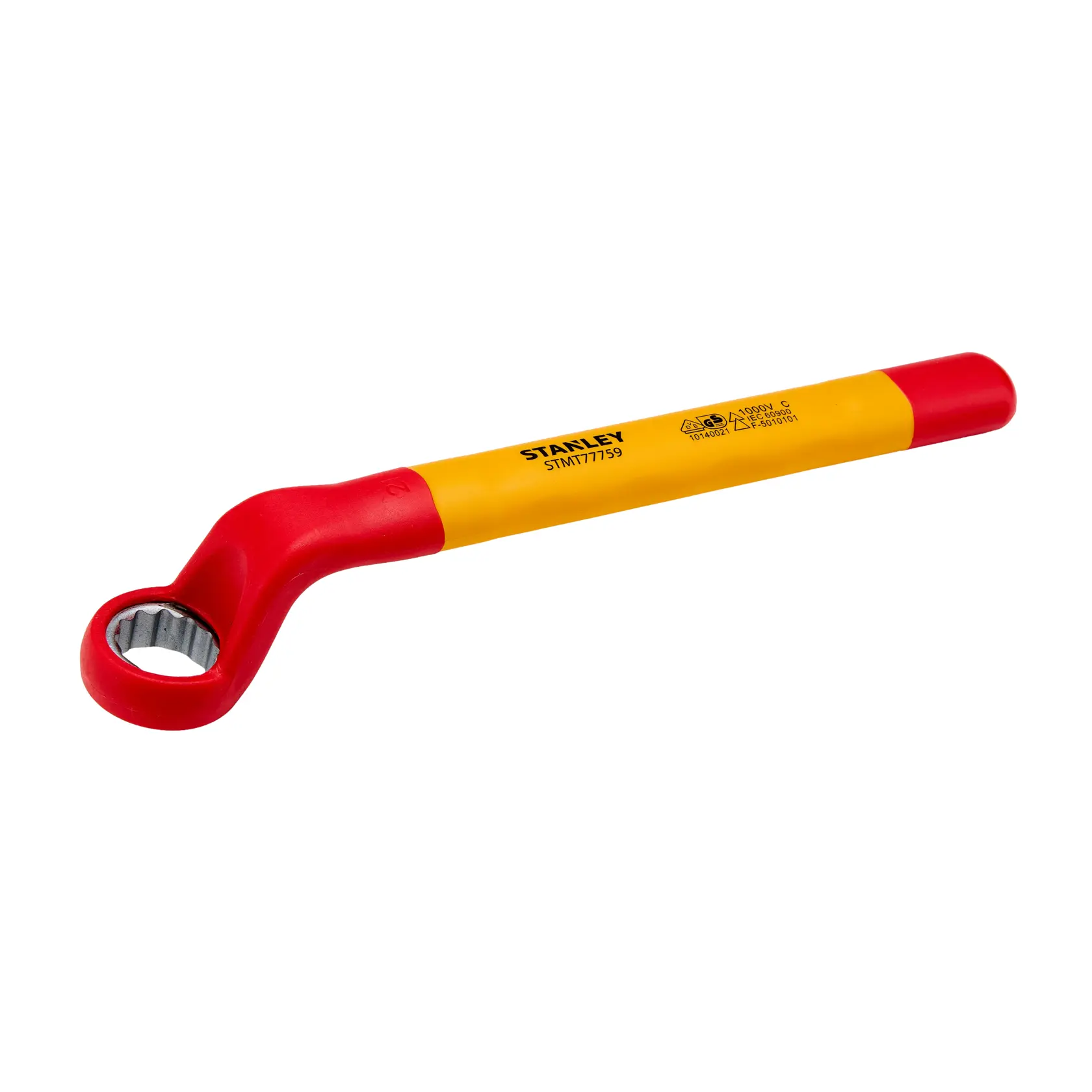 Llave de estrella aislada STANLEY STMT77759, amarilla y roja, ángulo del producto sobre fondo blanco.