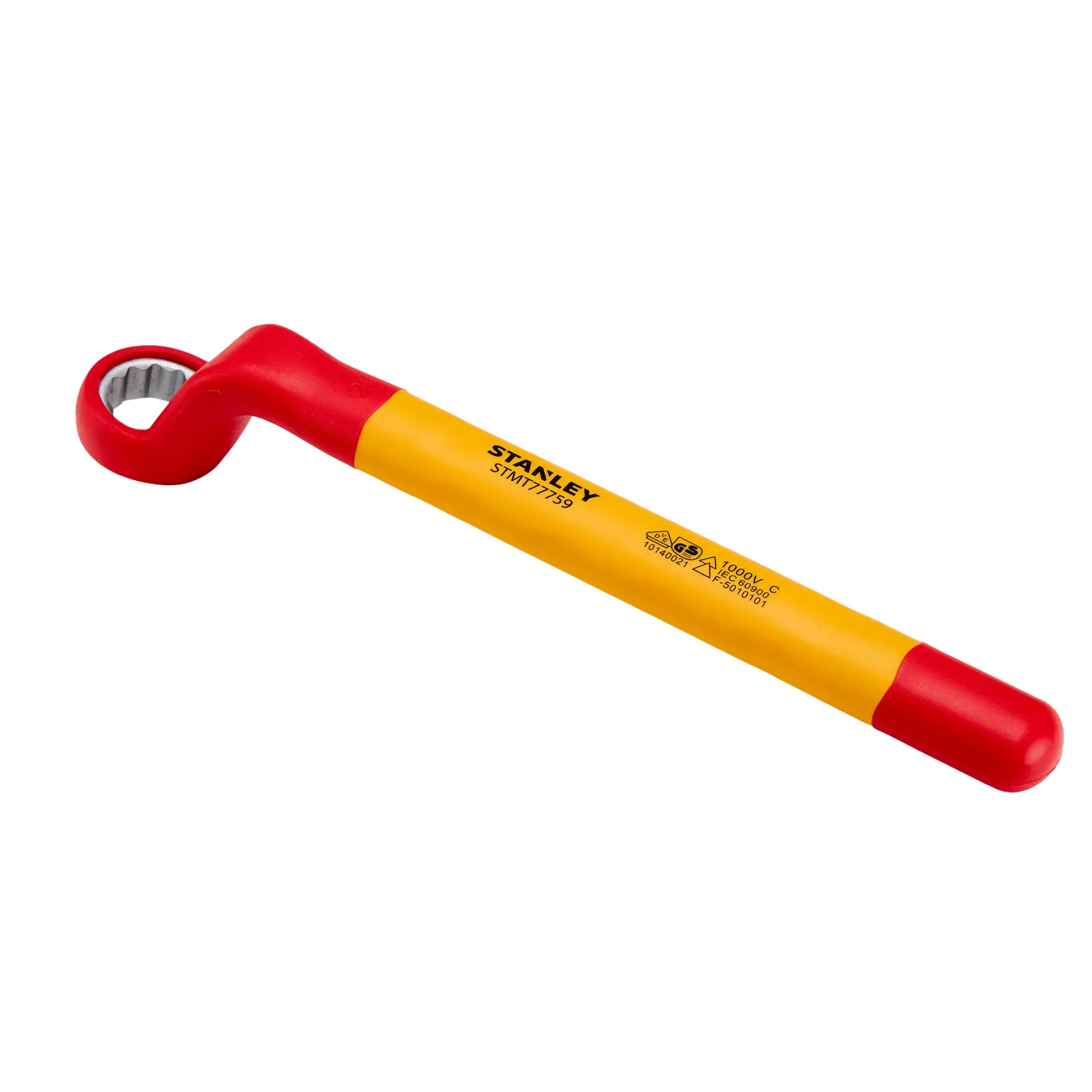 Llave de extremo cerrado aislada STANLEY STMT77759-LA con mango rojo y amarillo, ángulo de producto sobre fondo blanco.