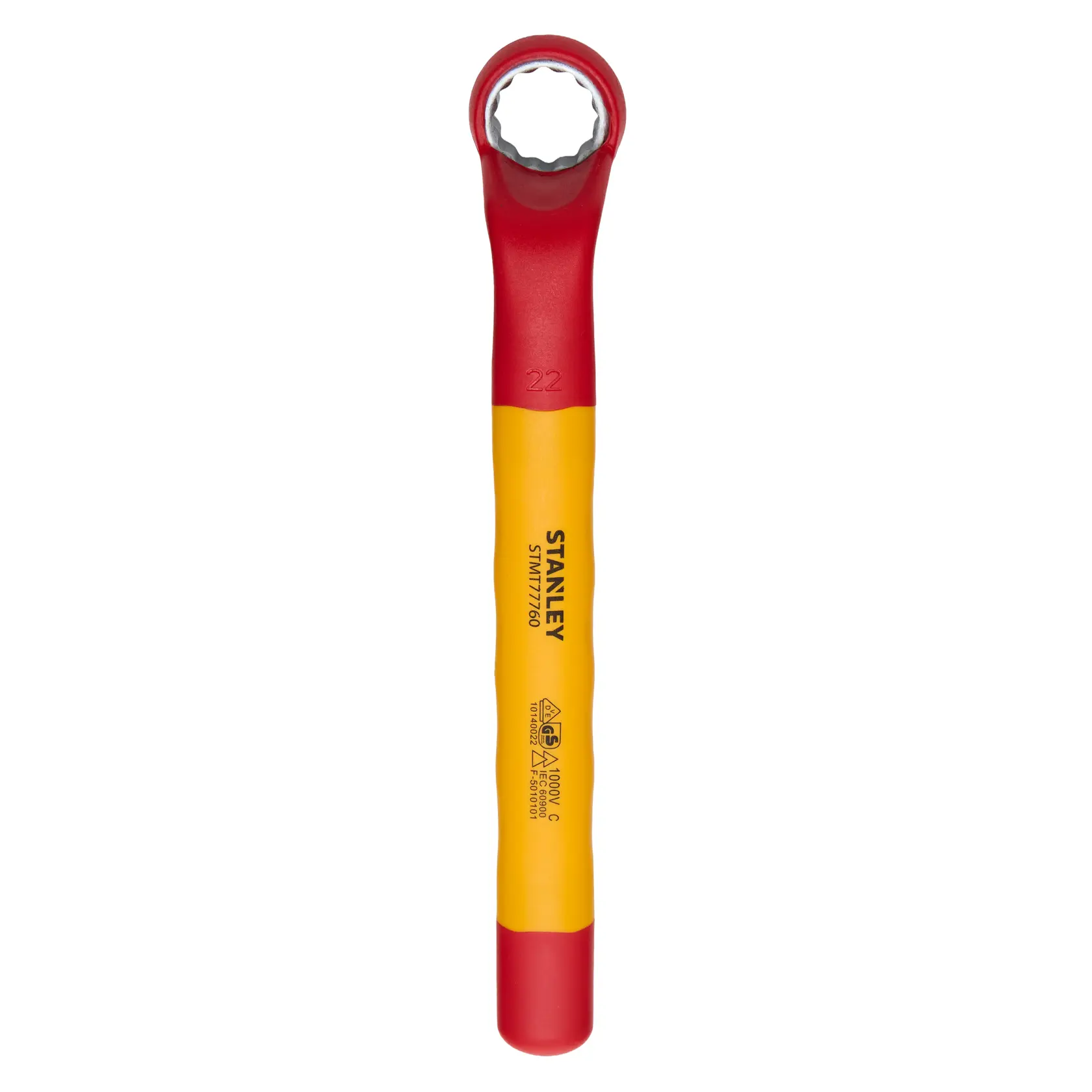 Llave de estrella aislada STANLEY STMT77760-LA, mango amarillo y rojo, vista superior sobre fondo blanco.