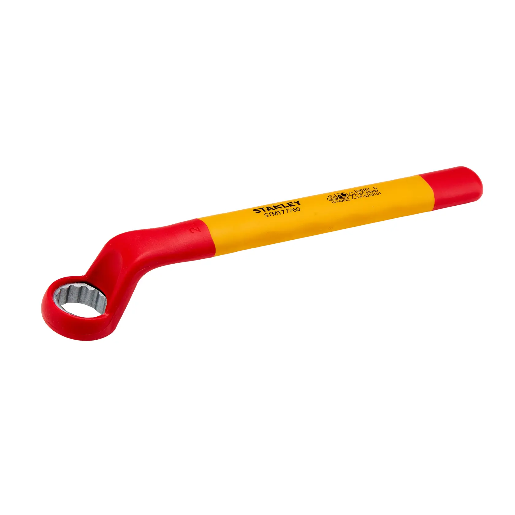 STANLEY STMT77760-LA llave de caja aislada en rojo y amarillo, vista angular sobre fondo blanco.