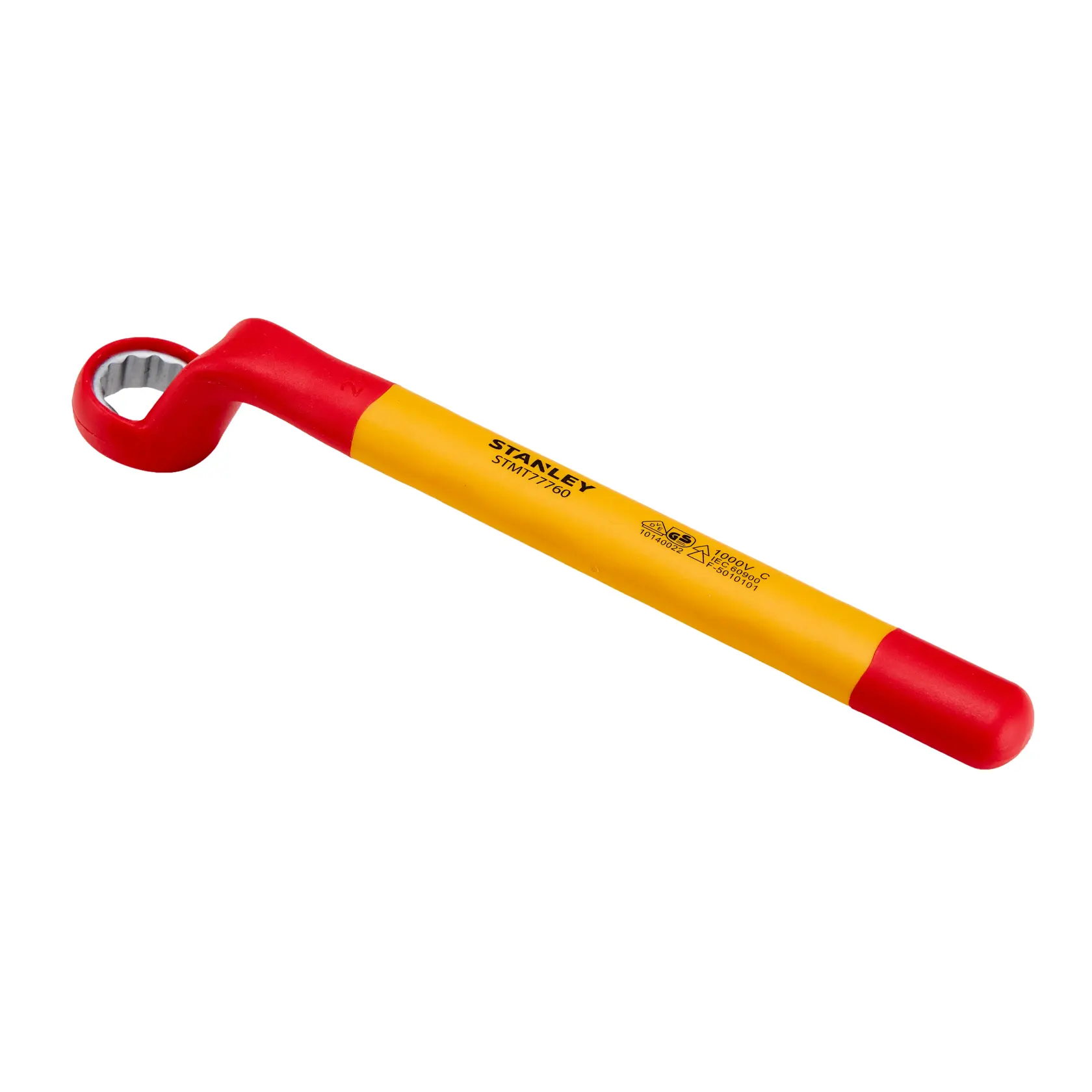 Llave de corona aislada STANLEY STMT77760-LA, amarilla y roja, ángulo lateral sobre fondo blanco.