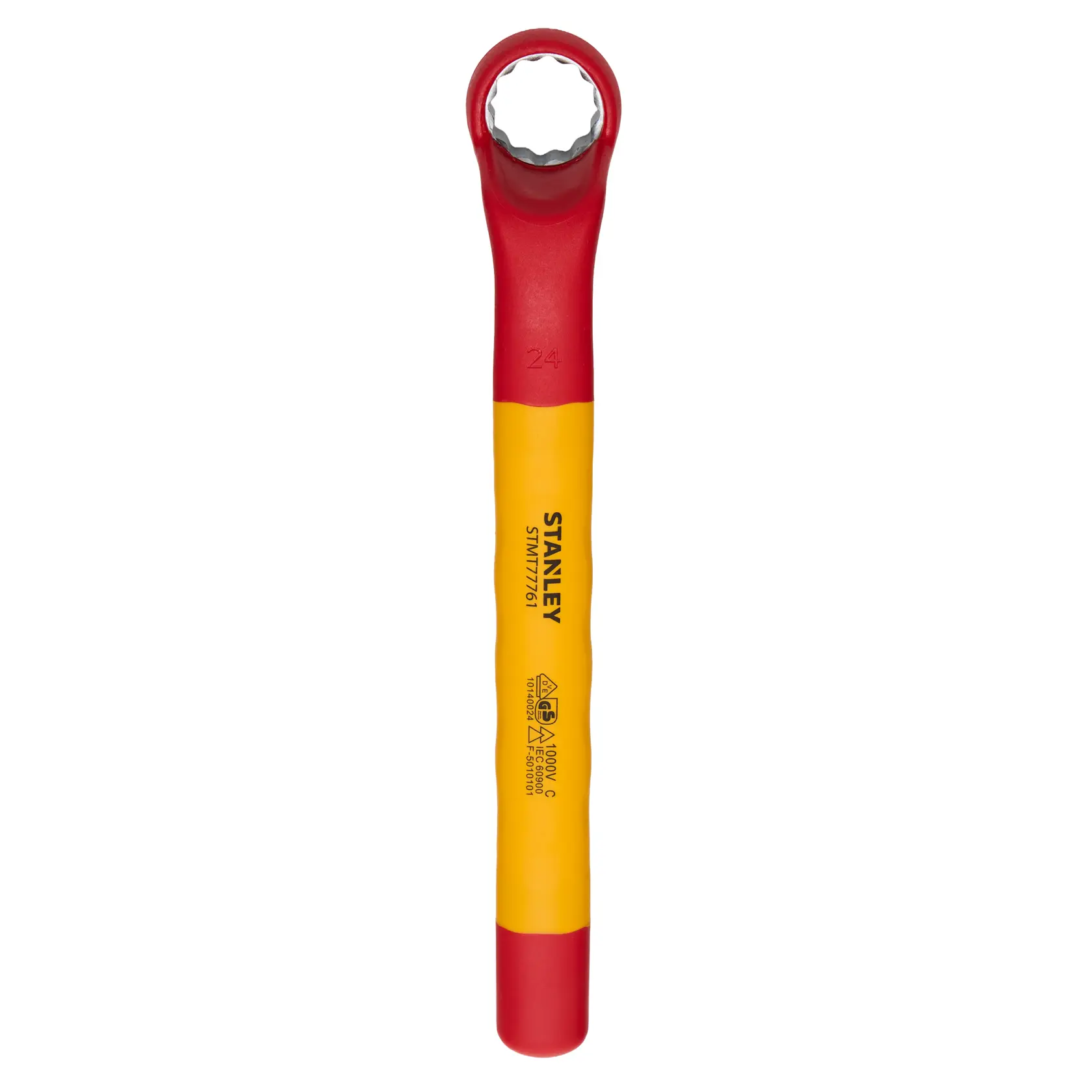 Llave de extremo cerrado aislada STANLEY STMT77761-LA, roja y amarilla, vista superior del producto sobre fondo blanco.