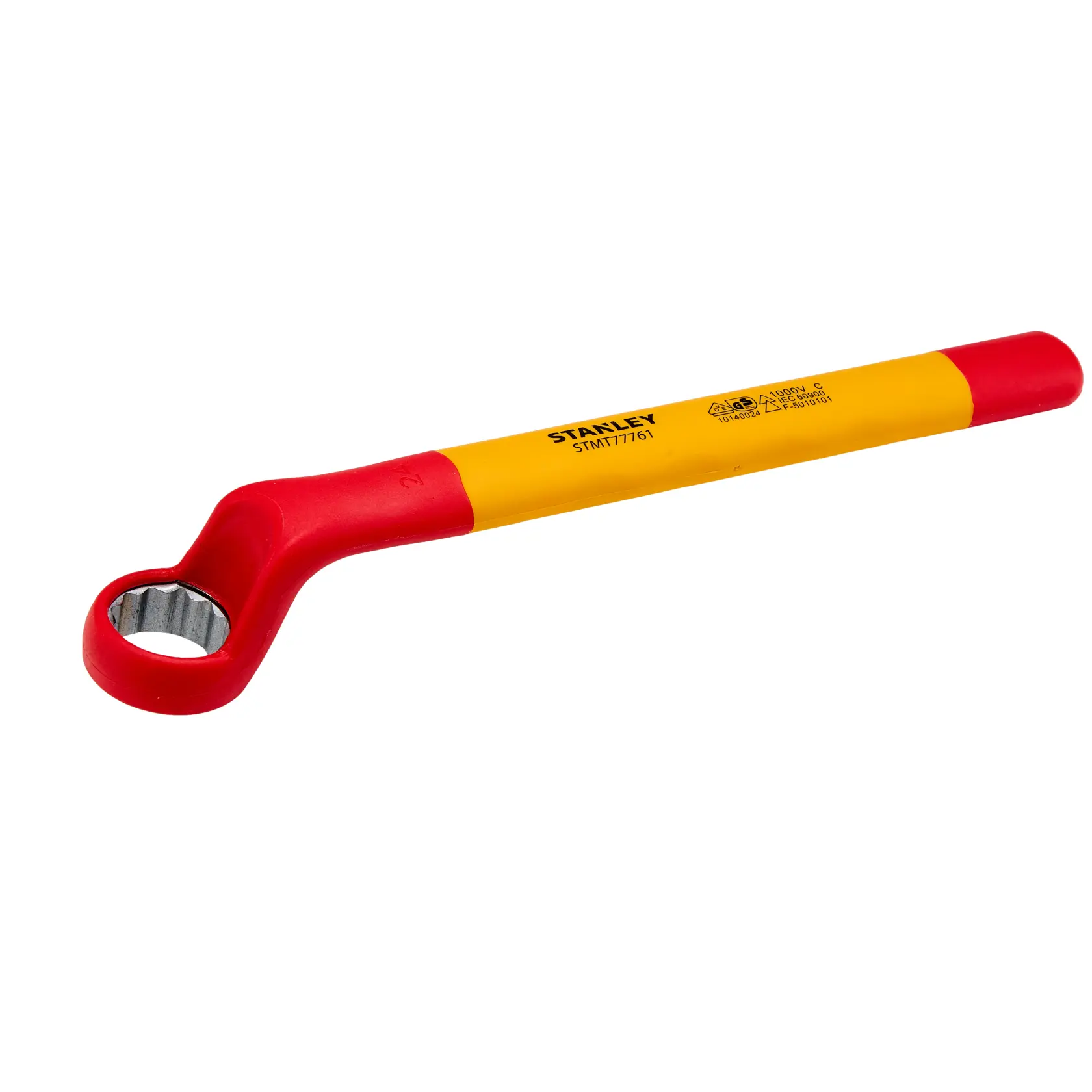 Llave de caja aislada STANLEY STMT77761-LA, amarilla y roja, vista en ángulo sobre fondo blanco.