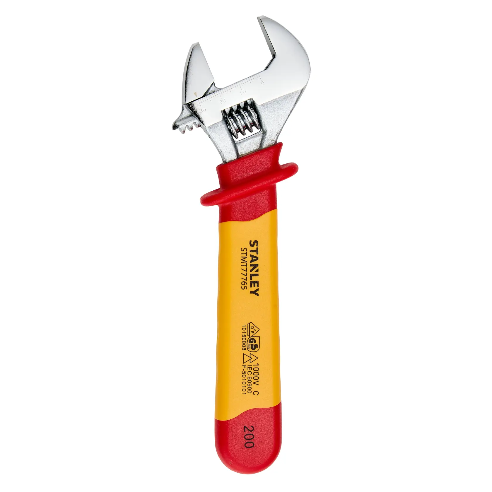Llave ajustable aislada STANLEY STMT77765-LA, mango rojo y amarillo, fotografía del producto sobre fondo blanco, vista frontal.