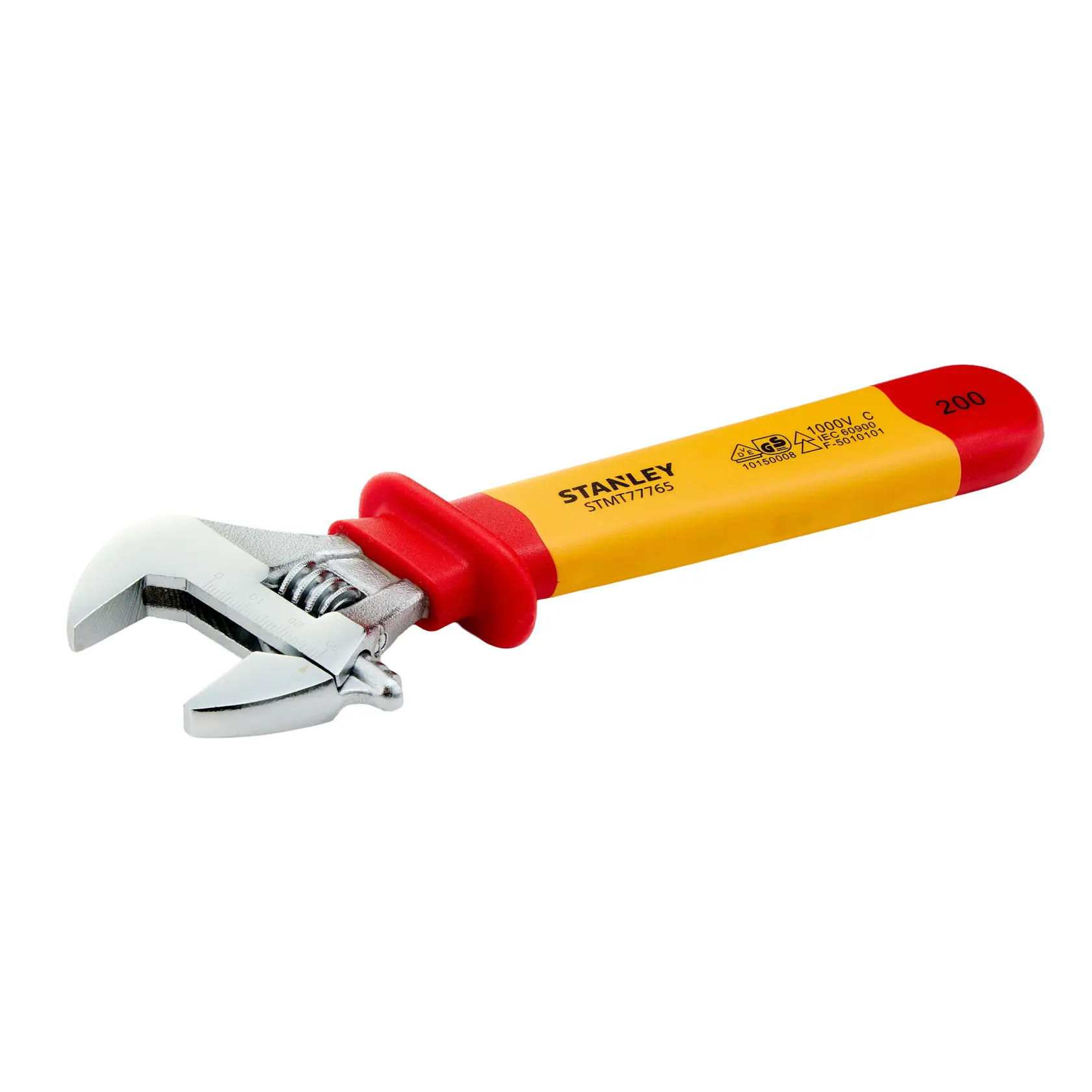 Llave ajustable aislada STANLEY STMT77765-LA con mango amarillo y rojo, vista en ángulo sobre fondo blanco.