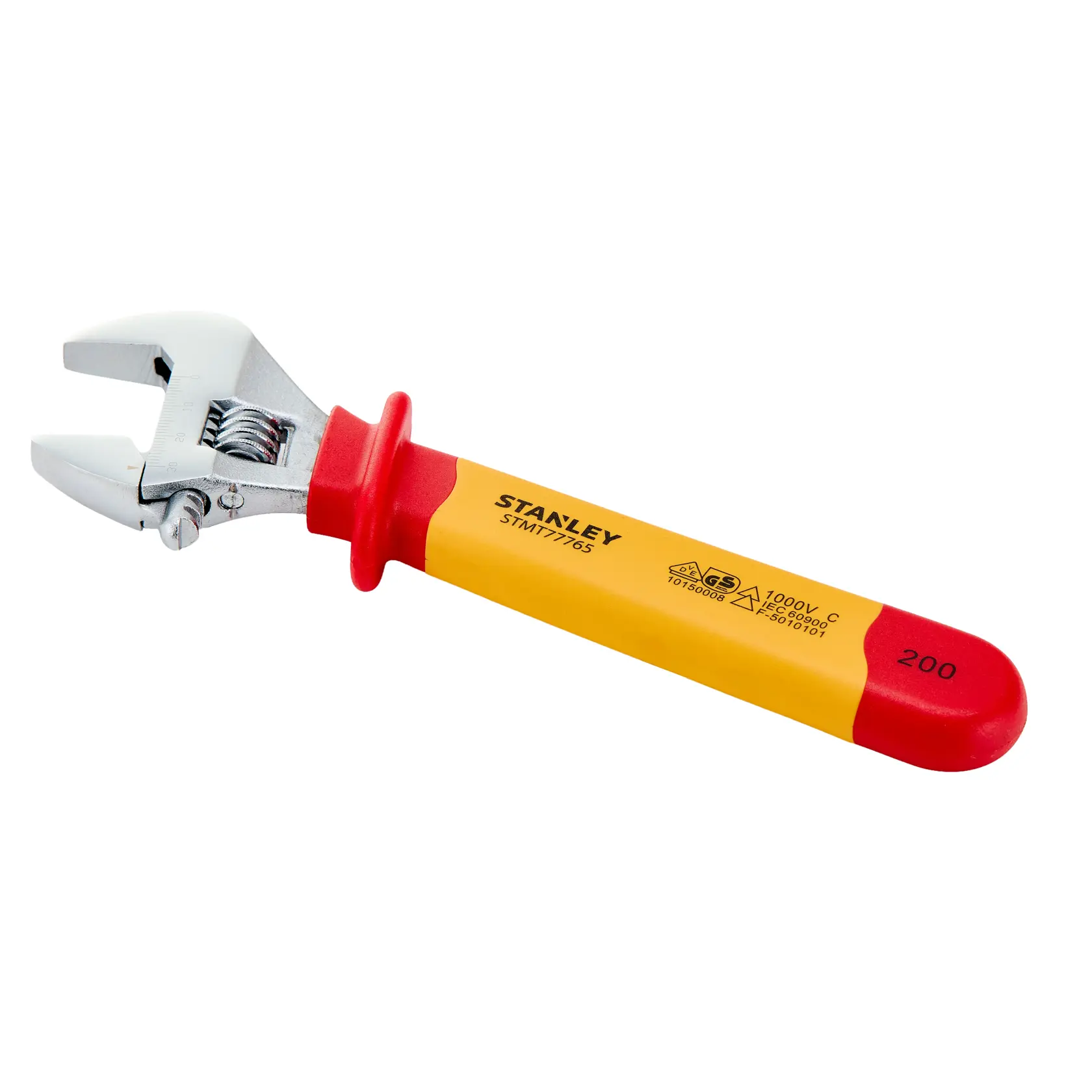Llave ajustable STANLEY STMT77765-LA con mango aislado rojo y amarillo, vista lateral izquierda sobre fondo blanco.