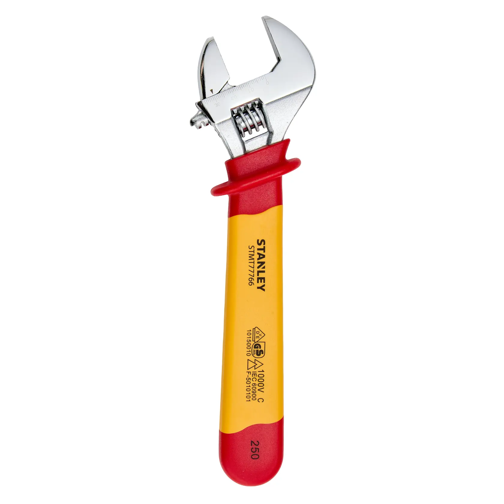 Fotografía de llave ajustable STANLEY STMT77766-LA con mango aislado rojo y amarillo, ángulo frontal sobre fondo blanco.