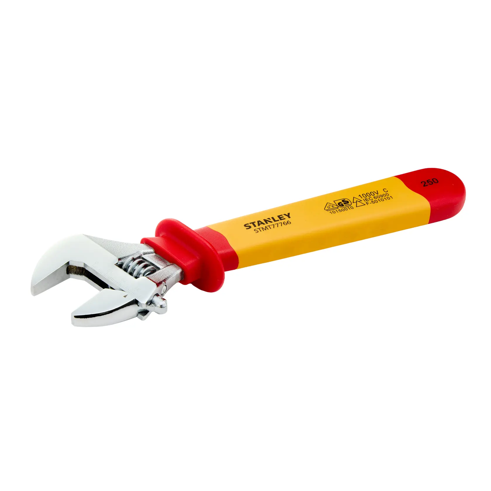 Llave ajustable STANLEY STMT77766-LA con mango aislado amarillo y rojo, vista lateral izquierda sobre fondo blanco.