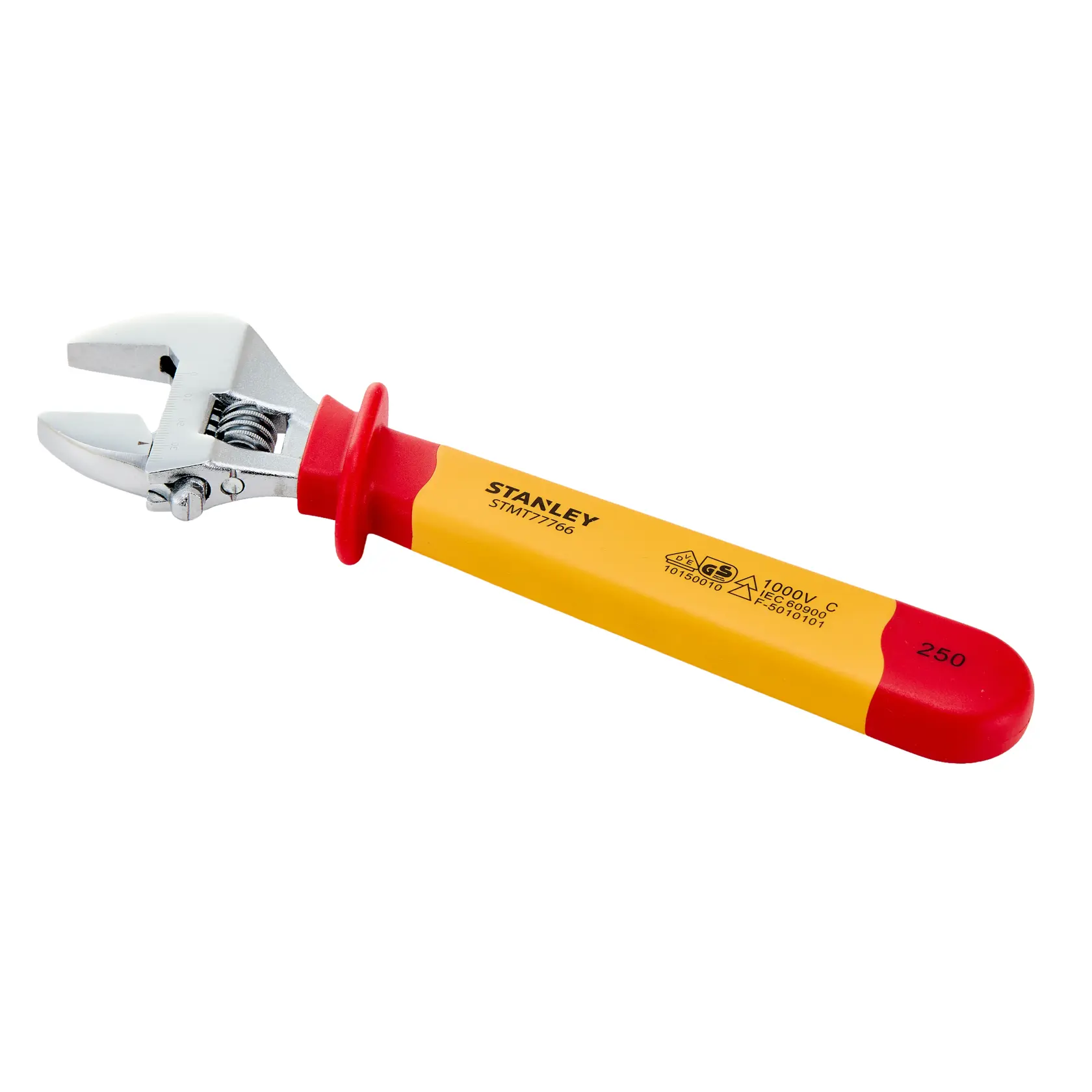 Fotografía de llave ajustable aislada STANLEY STMT77766-LA, mango amarillo y rojo, vista lateral sobre fondo blanco.
