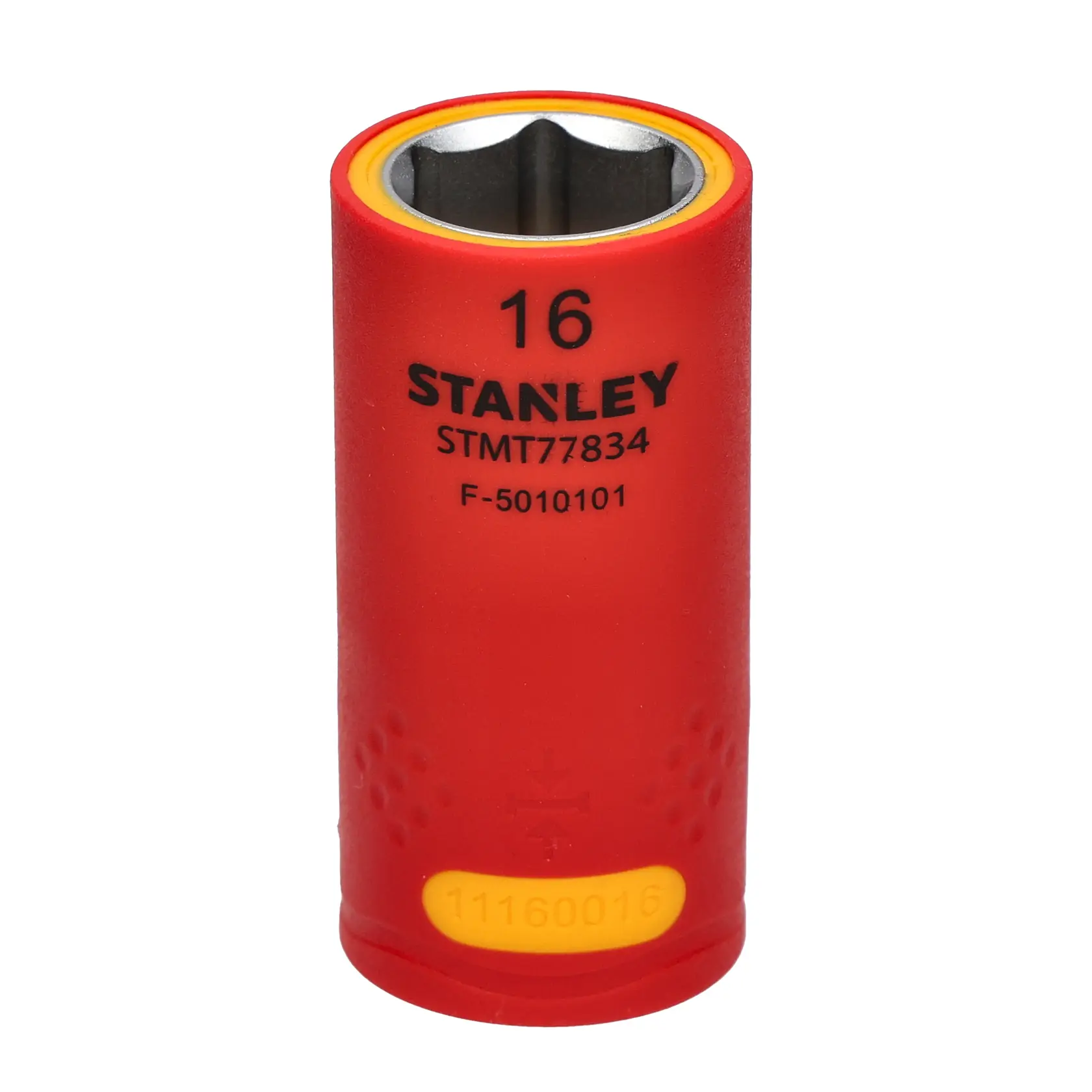 STANLEY STMT77834-LA dado aislado rojo de 16 mm, categoría fotografía de producto, ángulo frontal sobre fondo blanco.