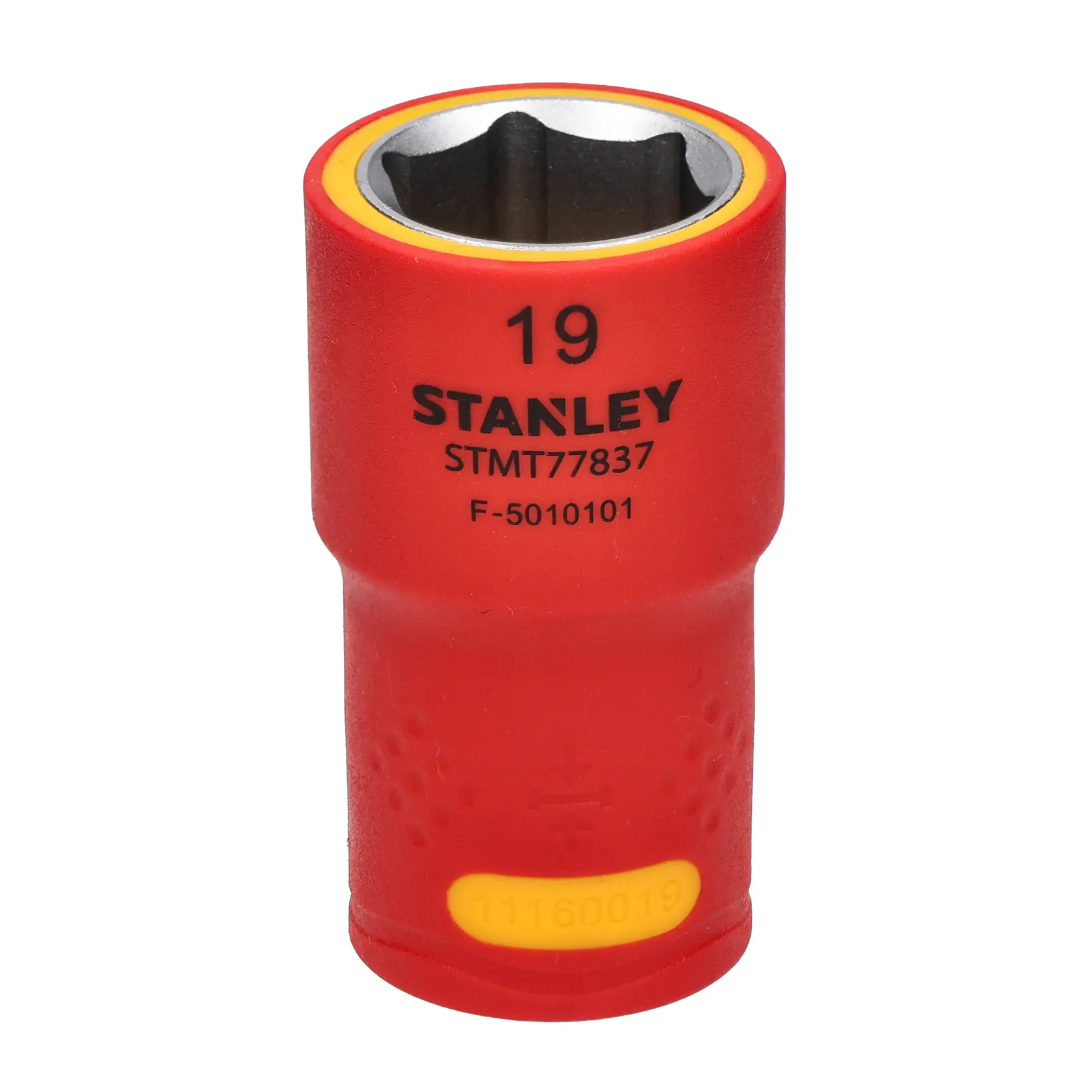 STANLEY STMT77837 dado aislado rojo de 19 mm, fotografía en primer plano sobre fondo blanco.
