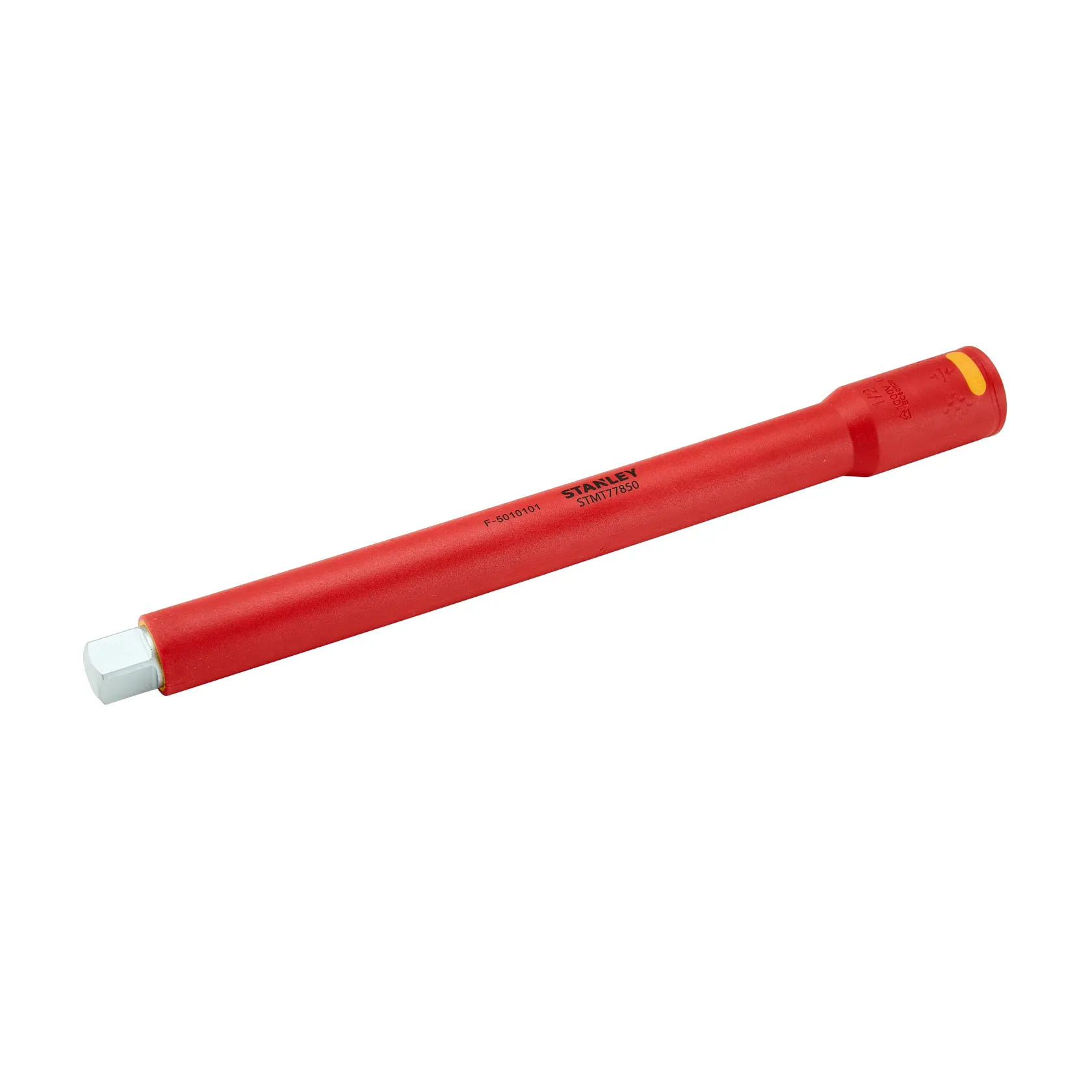 STANLEY STMT77850-LA destornillador de tuercas aislado rojo, vista lateral sobre fondo blanco.