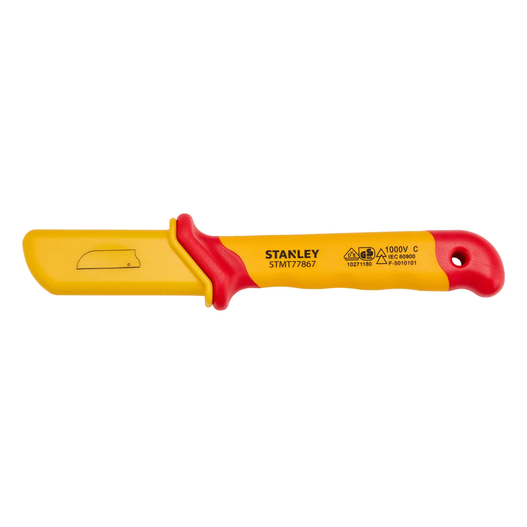 Cuchillo para cables aislado STANLEY STMT77867 con mango amarillo y rojo, funda de hoja, vista lateral, fondo blanco.