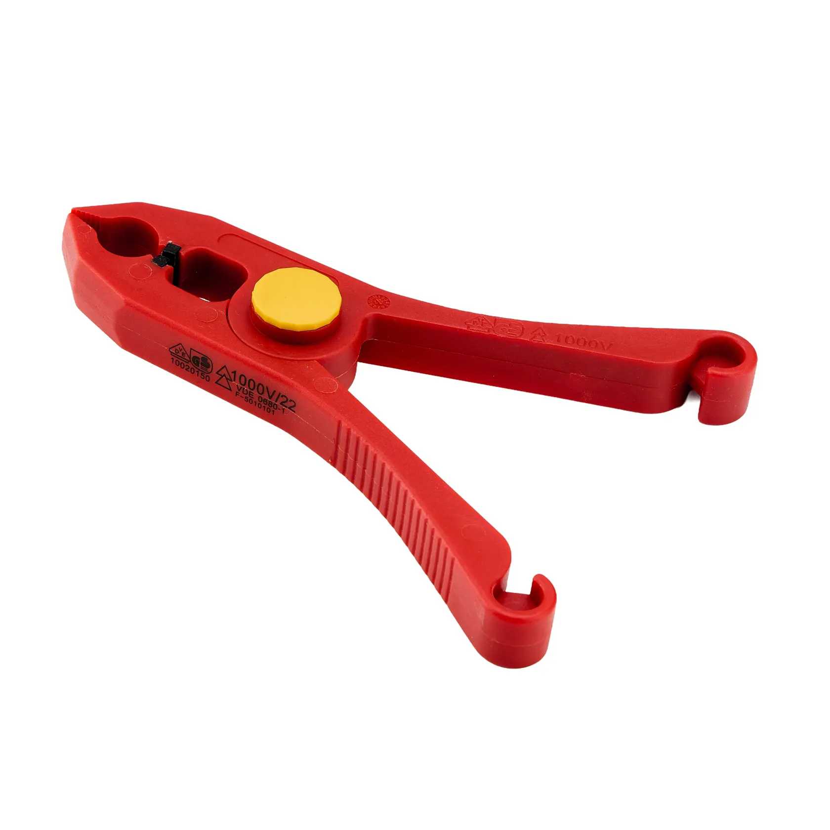 STANLEY STMT77872-LA pelacables aislado rojo con botón circular amarillo, ángulo lateral sobre fondo blanco.