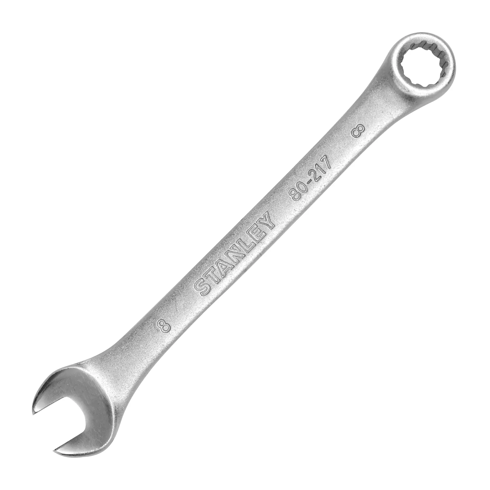 Stanley STMT80217-840 llave combinada plateada, vista angular, con extremos abierto y cerrado.