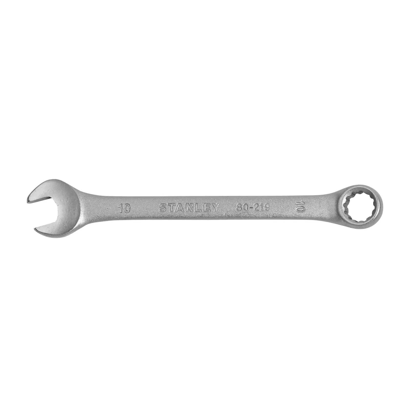 Stanley STMT80219-840 llave combinada plateada, ángulo frontal, herramienta manual de metal.