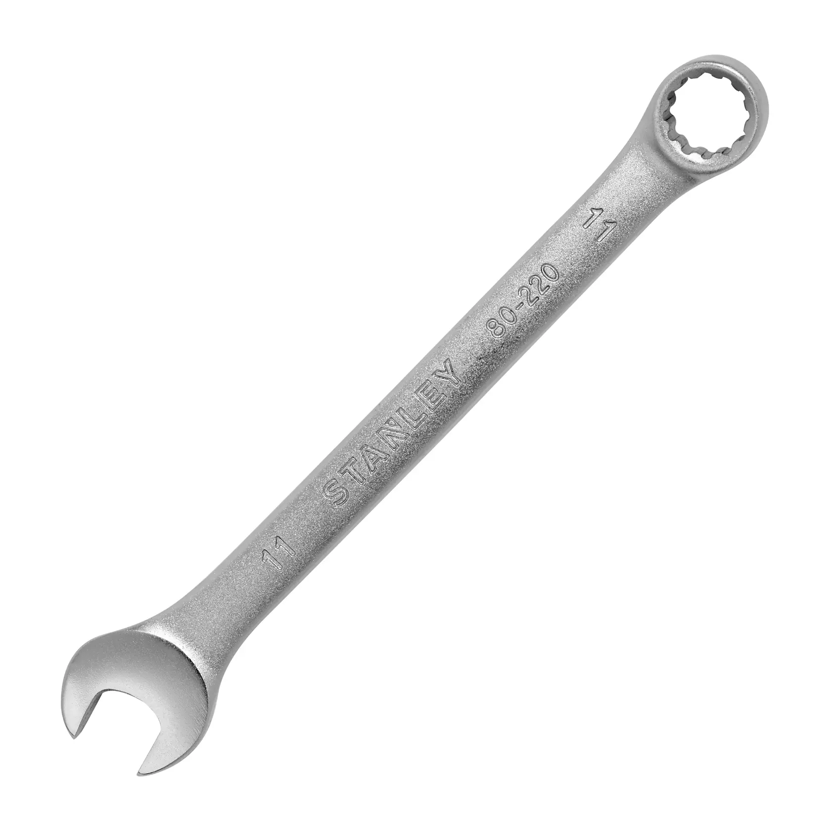STANLEY STMT80220-840 llave combinada, acabado plateado, fotografía de producto, en ángulo sobre fondo blanco.