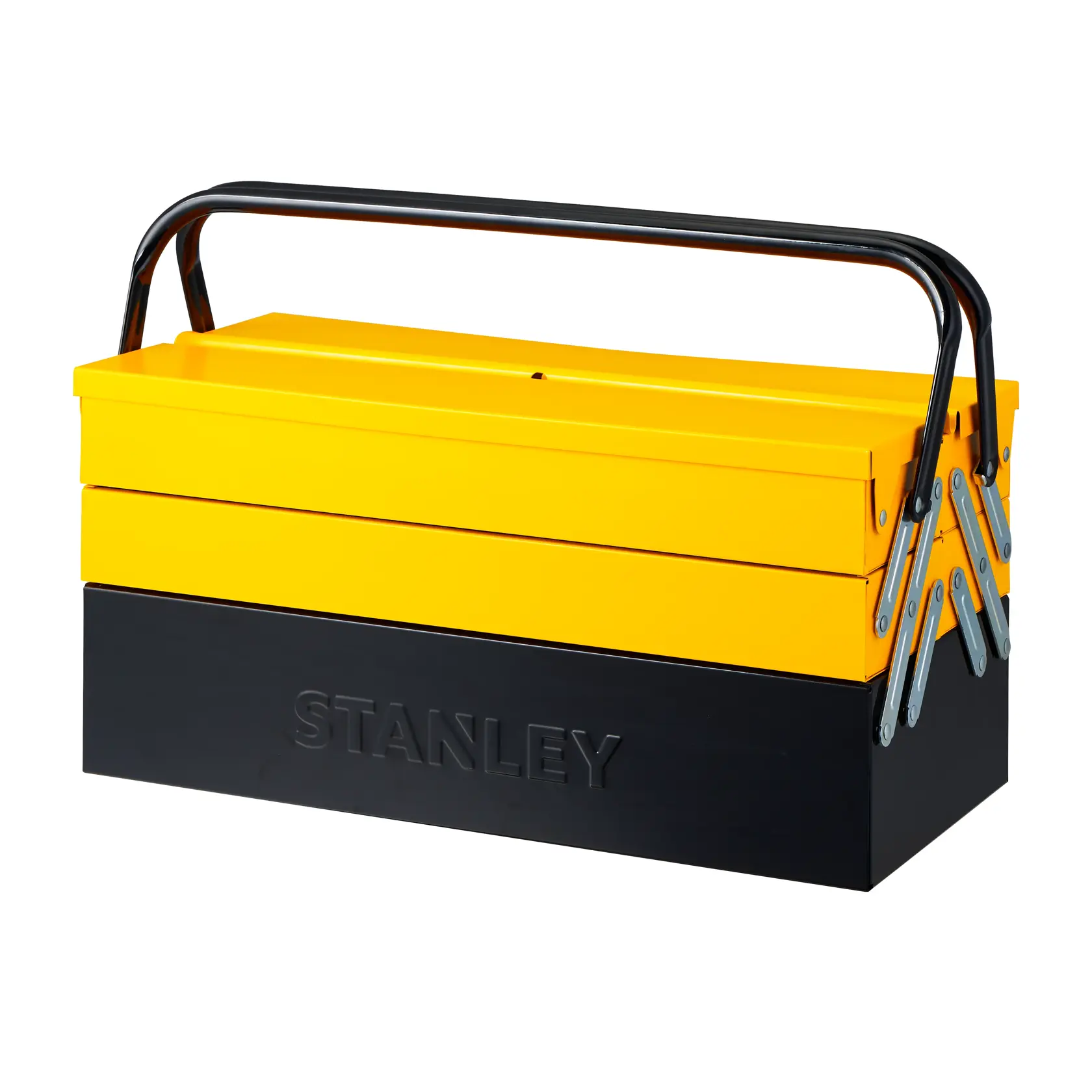 Caja de herramientas metálica amarilla y negra STANLEY STMT98087-LA con doble asa, vista frontal sobre fondo blanco.