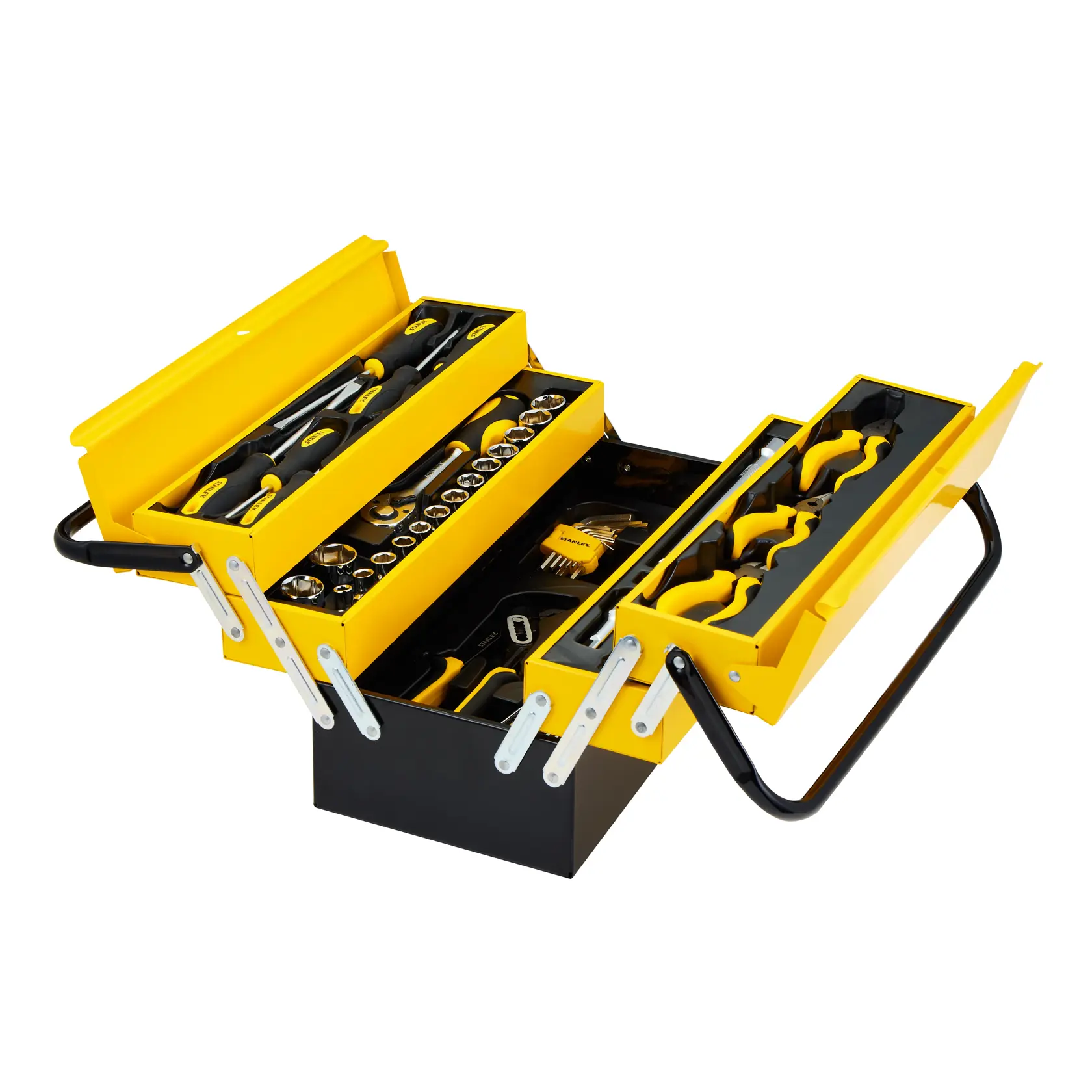 Caja de herramientas metálica STANLEY STMT98087-LA amarilla y negra con herramientas manuales surtidas, vista superior, fondo blanco.