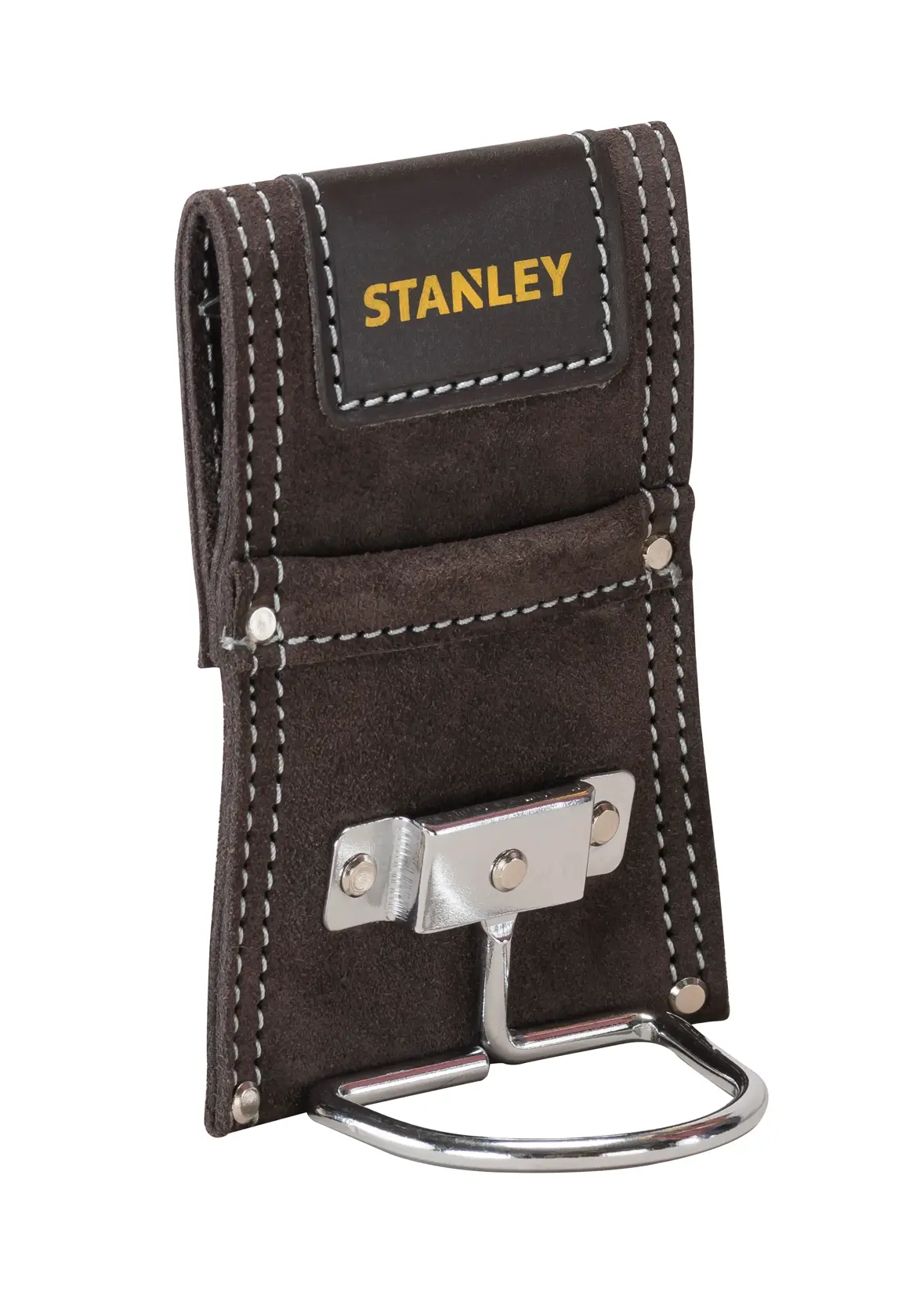 STANLEY STST1-80117 porta martillos de cuero marrón, soporte metálico plateado, foto de ángulo frontal.