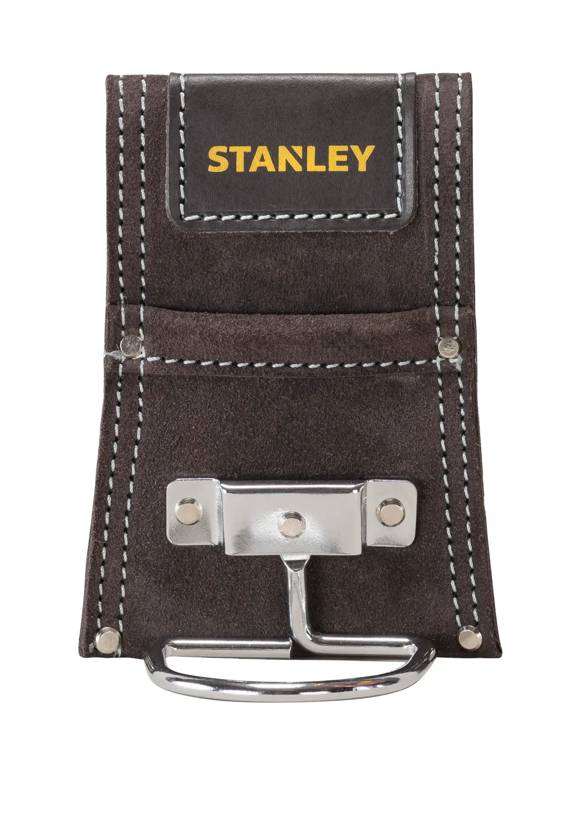 STANLEY STST1-80117 porta martillos de gamuza con aro metálico, negro con costuras blancas, vista frontal.