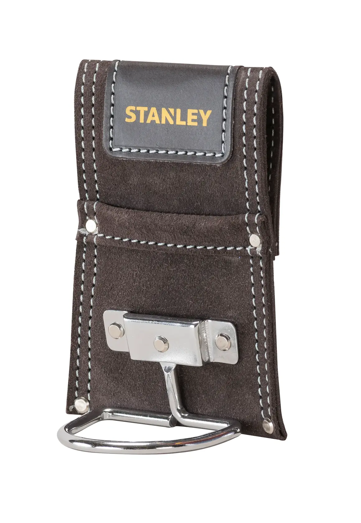 STANLEY STST1-80117 soporte para martillo de gamuza con aro metálico, negro con costuras blancas, ángulo frontal.