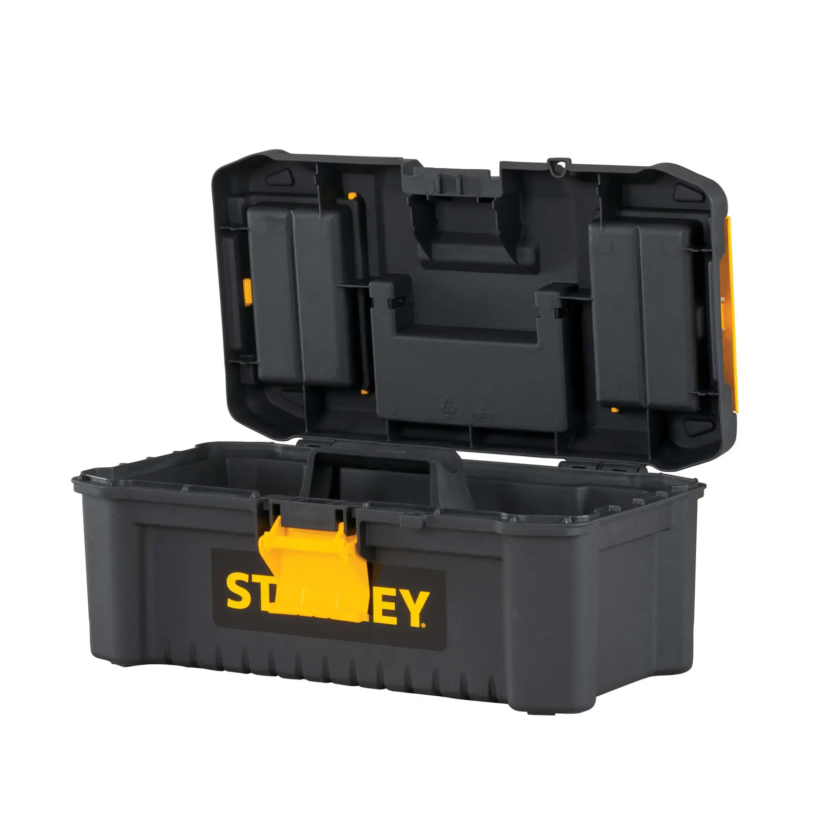 Caja de herramientas Stanley de plástico negro con cierre amarillo, abierta, ángulo frontal sobre fondo blanco