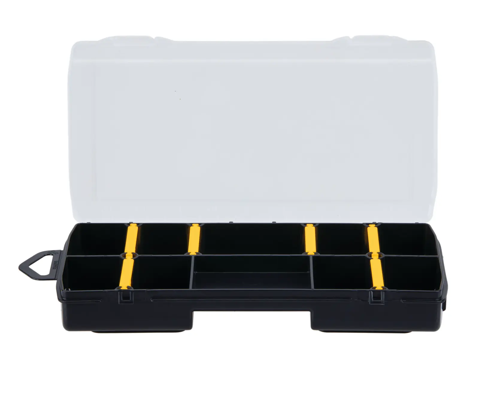 Caja organizadora STANLEY negra de plástico con tapa transparente, ocho compartimentos y divisores amarillos, vista frontal sobre fondo blanco