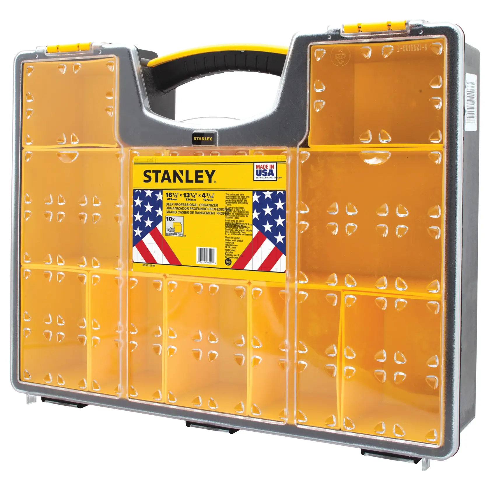 Stanley deep professional organizer vista frontal, compartimentos transparentes, asa amarilla, fondo blanco