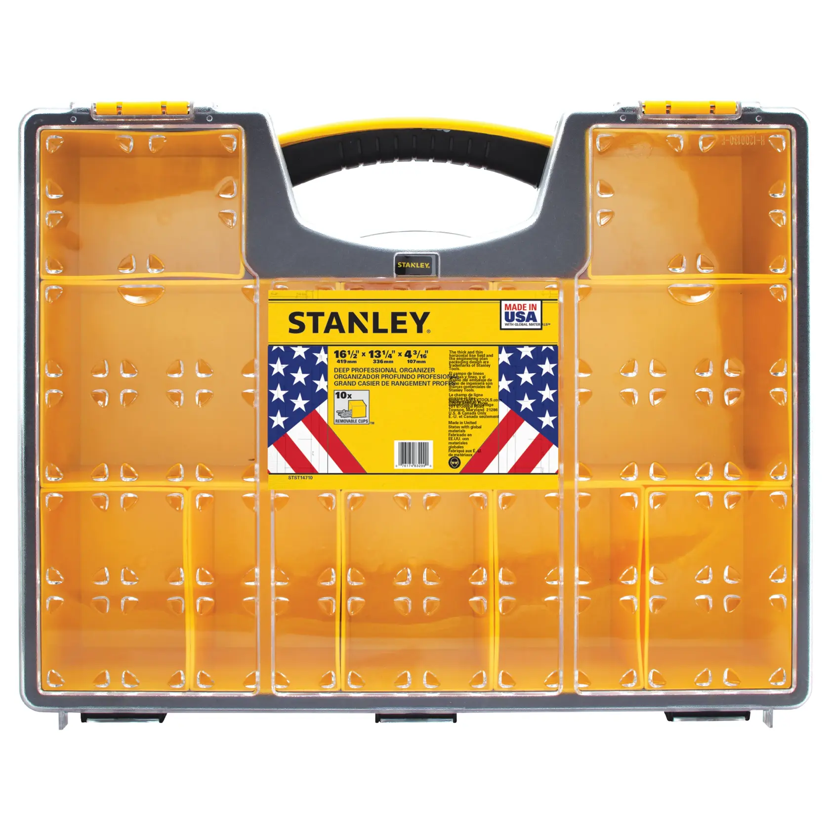 Vista frontal de organizador profesional profundo Stanley con compartimientos amarillos y asa negra sobre fondo blanco.