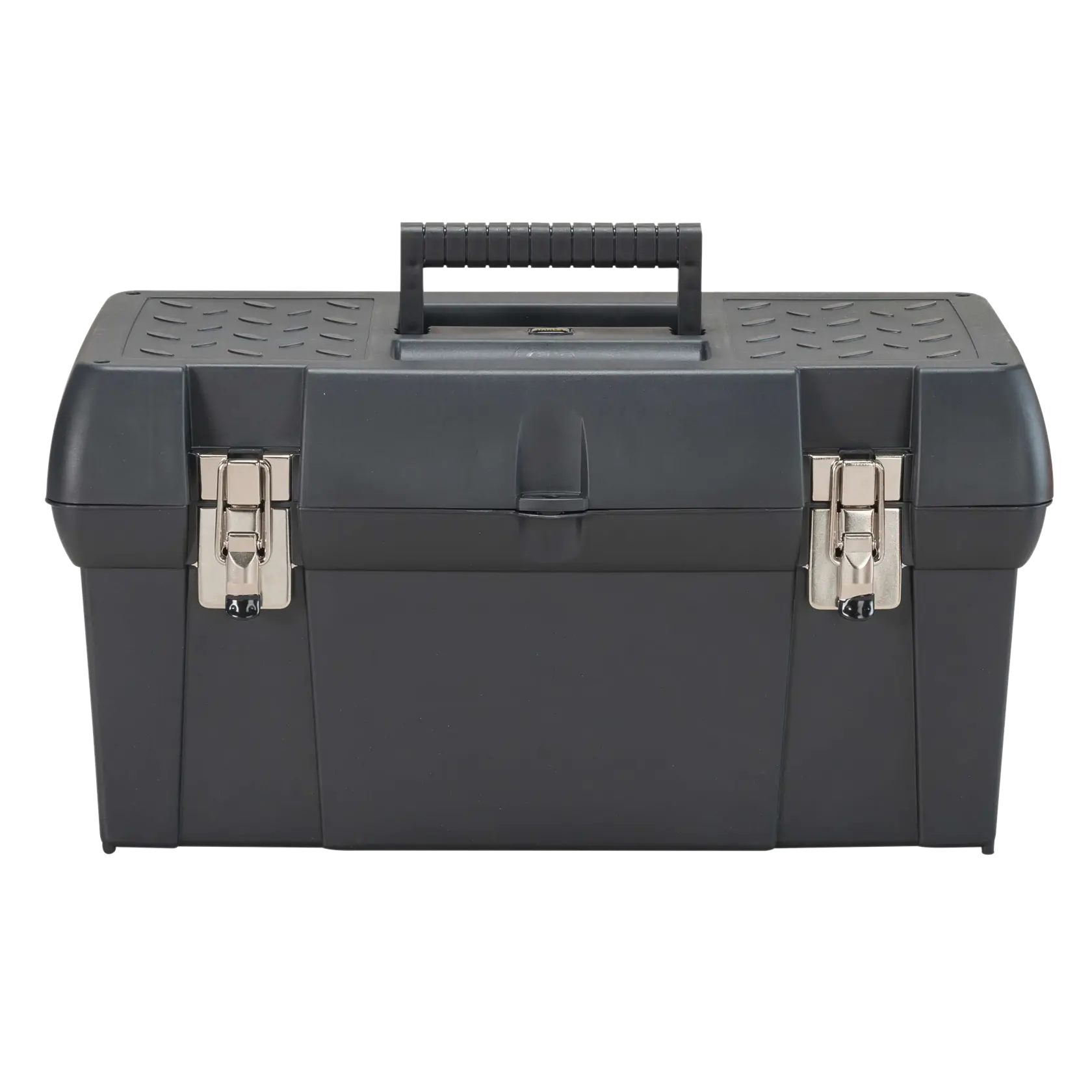 Caja de herramientas negra Stanley vista frontal con cierres metálicos y tapa texturizada sobre fondo blanco