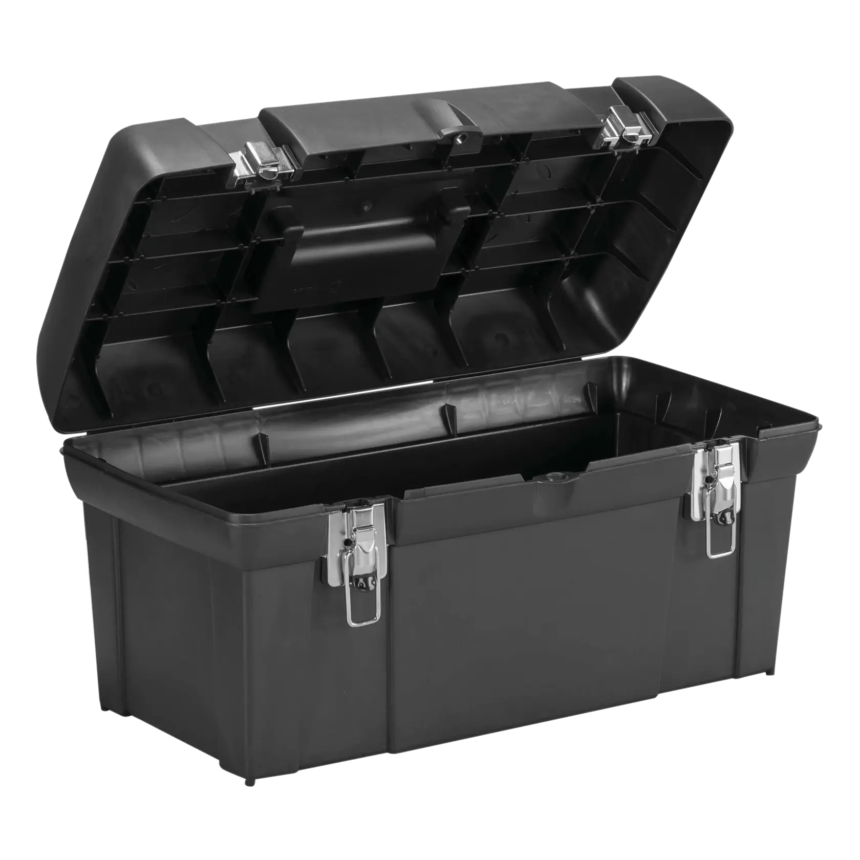 Caja de herramientas Stanley de plástico negro vista frontal, tapa abierta y cierres metálicos sobre fondo blanco