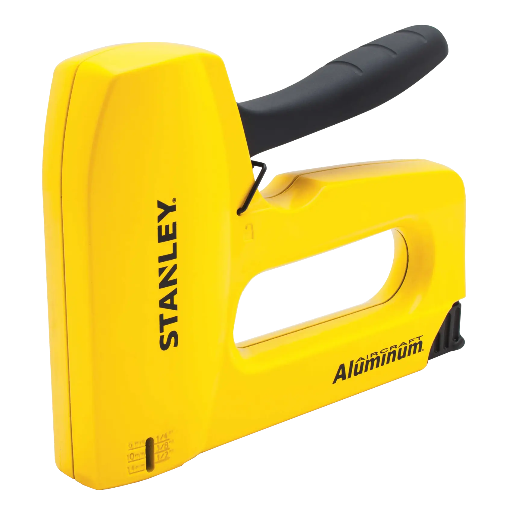 Grapadora de aluminio Stanley, cuerpo amarillo con mango negro, ángulo lateral sobre fondo blanco