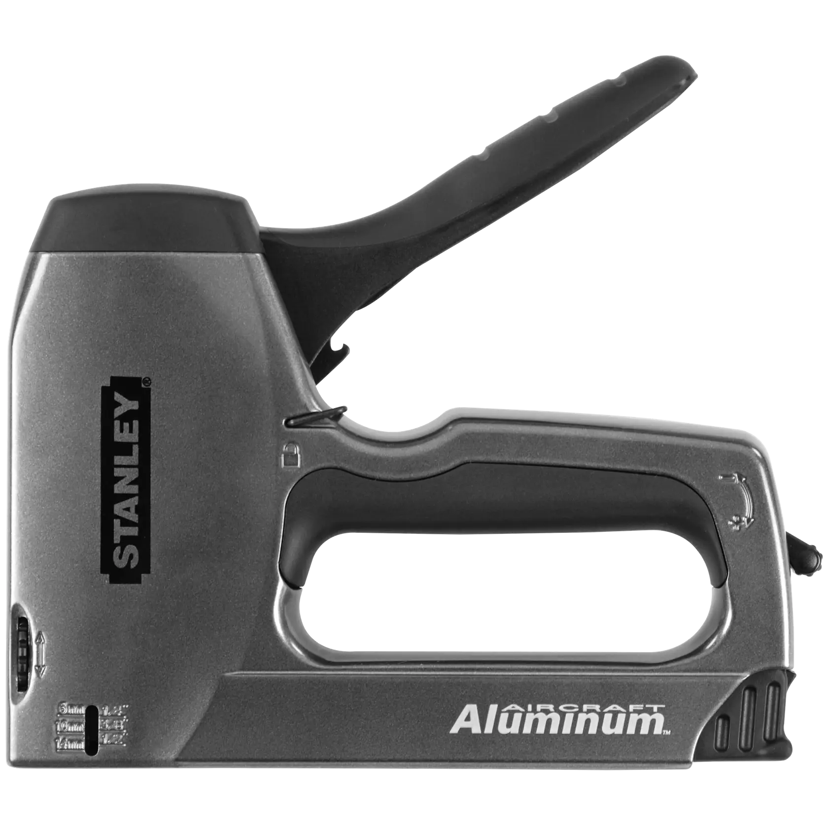 Grapadora de aluminio STANLEY vista lateral sobre fondo blanco, mango ergonómico negro, marca visible.